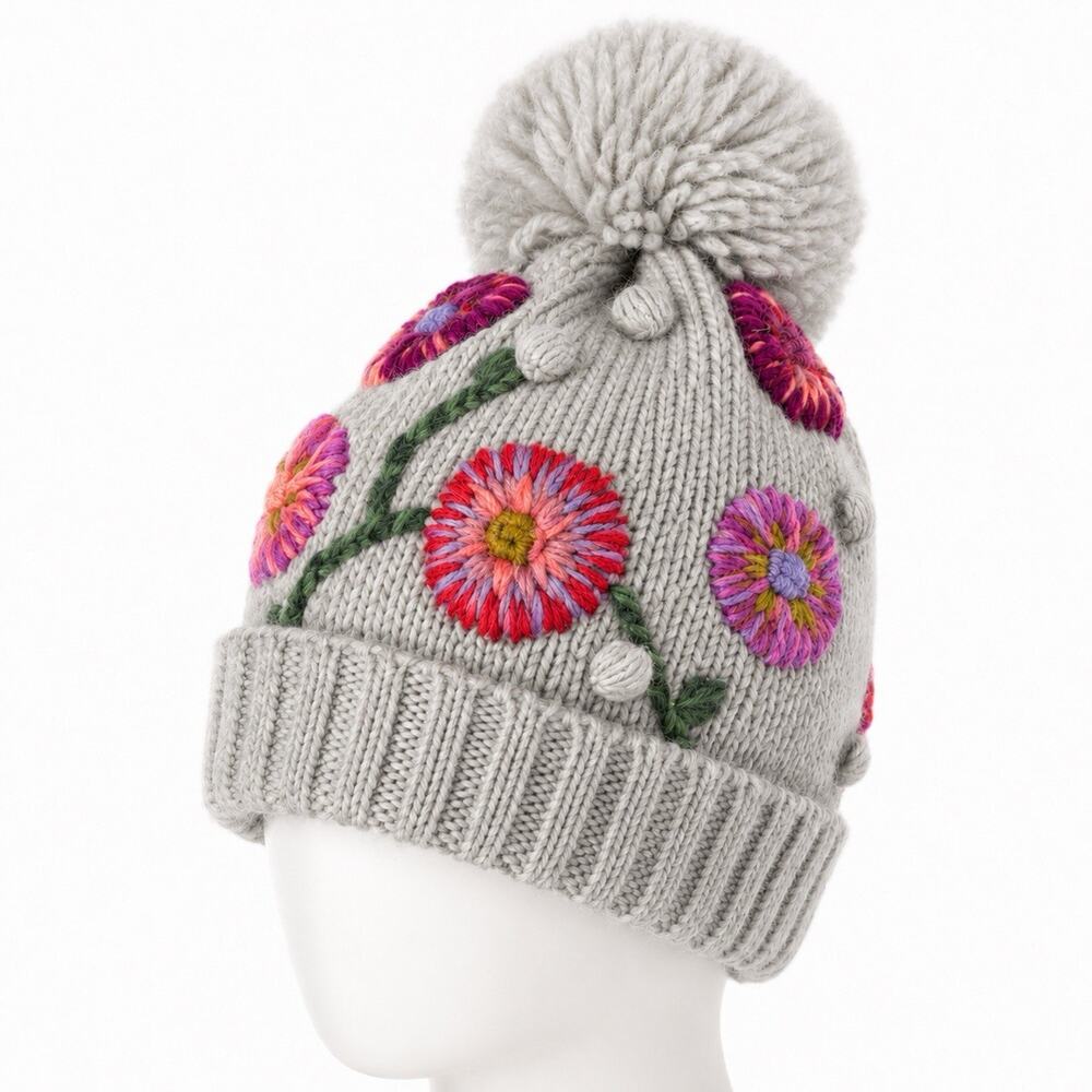 Lost Horizons Tranquil Blooms Wool Floral Embroidered Pom Beanie NWT Nepal
